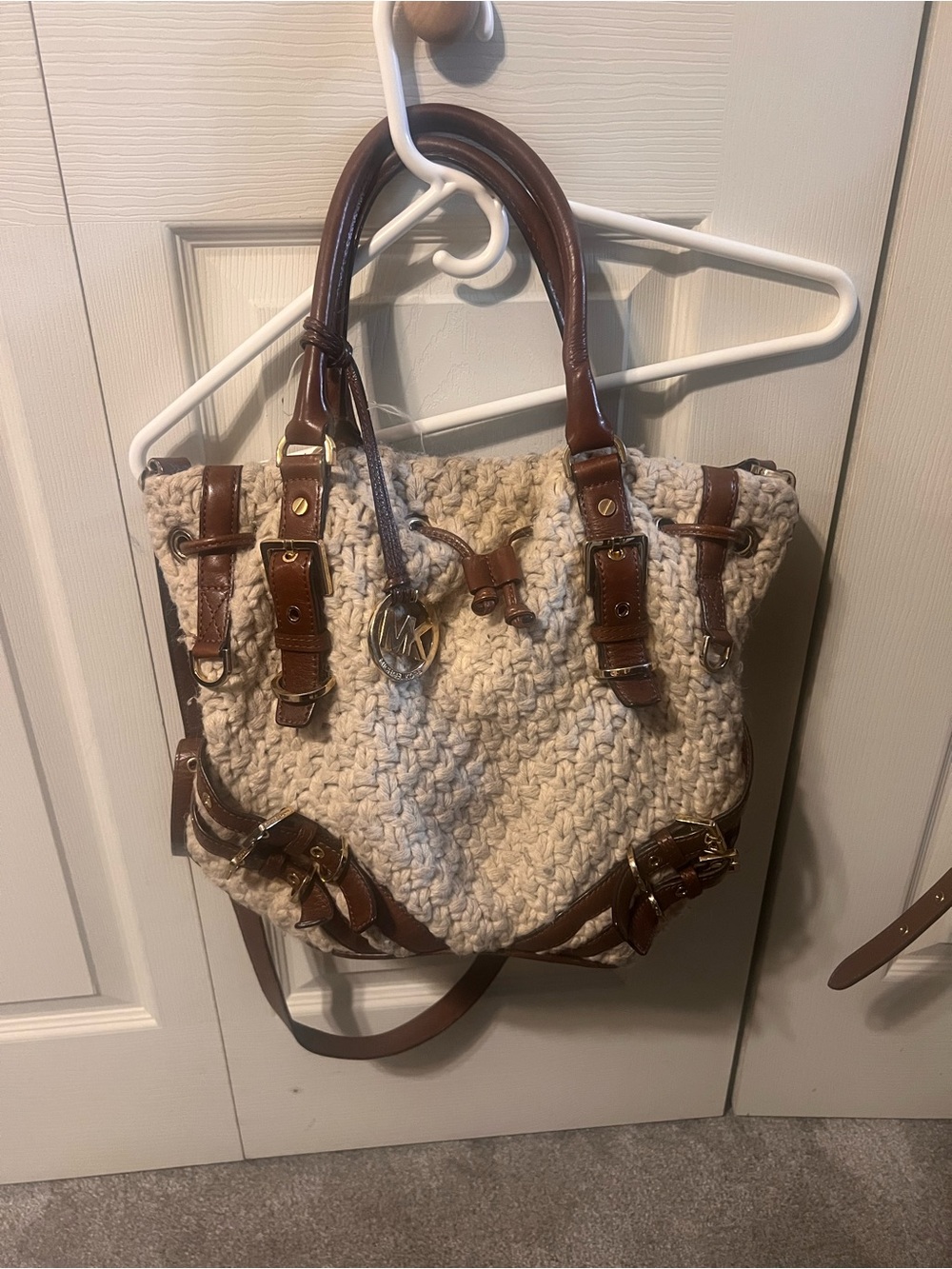 Michael Kors Cream Knit Tote with Brown Leather Trim